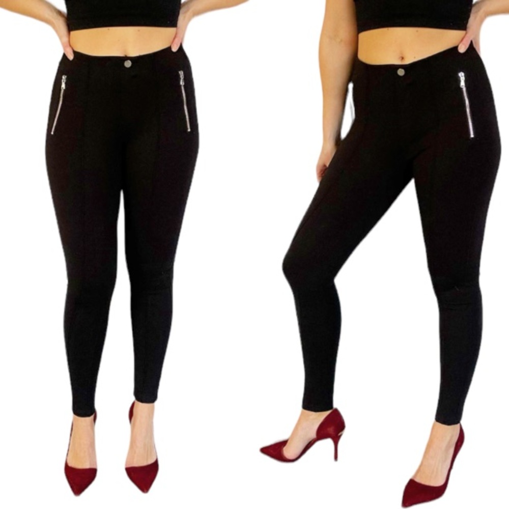 ZARA basic black silver decorative side zipper pull on style leggings size small